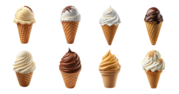 Variety of Delicious Ice Cream Cones in Various Flavors and Styles, PNG bundle collection, Isolated on Transparent Background