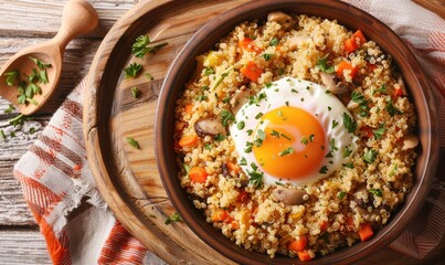 Savory breakfast bowl with egg and rice on rustic wooden tray