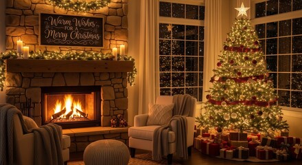 Festive Christmas Living Room with Fireplace and Decorated Tree