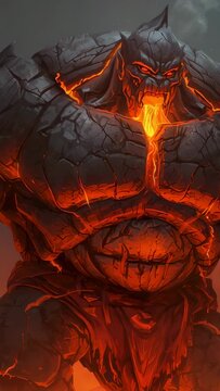 Vertical video: Standing lava golem glowing with molten veins and dripping lava in volcanic haze