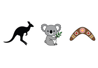 Obraz premium A set of three iconic Australian symbols: a kangaroo silhouette, a cartoon koala, and a traditional boomerang.