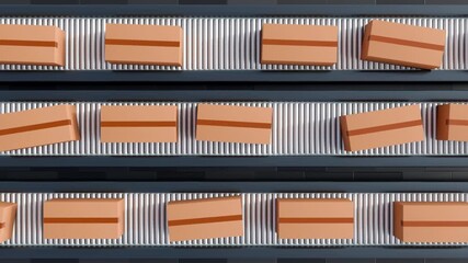 A 3D animation shows a conveyor belt moving boxes, illustrating logistics and supply chain concepts: efficiency, continuous process, and industrial automation. - Powered by Adobe