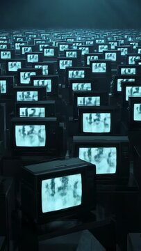 Vertical video: Dollying camera backward tilting up in hall, revealing CRT TV rows under spotlight