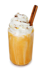 Tasty pumpkin latte with whipped cream and spices in glass isolated on white