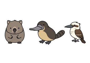 Obraz premium A cute cartoon collection of Australian animals including a wombat, platypus, and kookaburra, isolated on a white background.