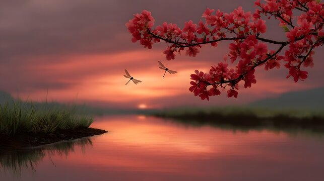 Serene sunset over a tranquil pond with blooming cherry blossoms and dragonflies in flight - Powered by Adobe