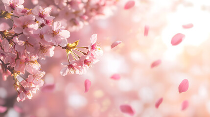 Soft Cherry Blossom with Falling Petals in Springtime Garden. A serene cherry blossom scene with delicate petals floating in the breeze.