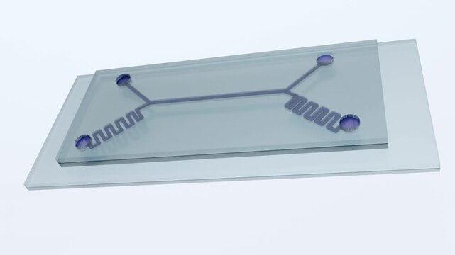  A 3D animation of microfluidic chip or "lab-on-a-chip" device appear to hover weightlessly in a clinical, sterile environment.