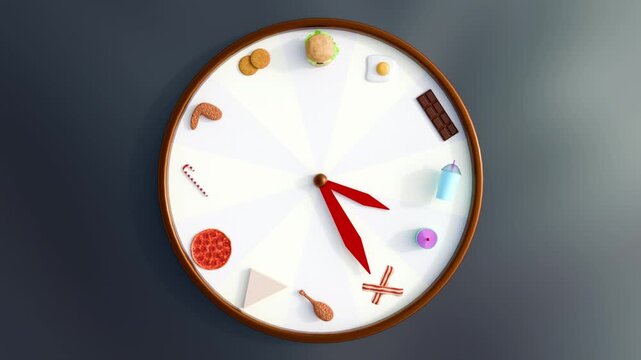 A 3d animation of food clock or roulette wheel, the concept of food choice, random eating, or a "food-time" game. Different types of food are presented as options on a spinning wheel.