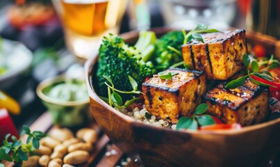 Vegetarian bowl with tofu and broccoli on wooden table healthy meal