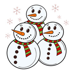 Cheerful Snowmen Trio Illustration with Festive Scarves and Winter Season Decoration on Transparent Backdrop for Holiday Cards and Designs.
