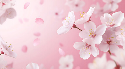 Soft Cherry Blossoms with Falling Petals in a Serene Garden. A tranquil cherry blossom scene with petals floating in a soft breeze.