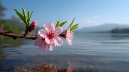 Delicate pink peach blossoms float gracefully over calm water at dawn with distant mountains under a clear blue sky