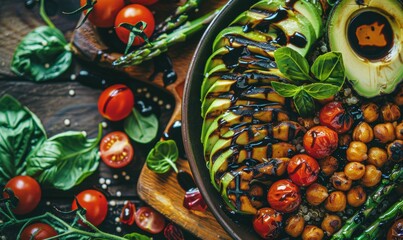 Vegetarian grain bowl with chickpeas asparagus tomatoes and avocado close up
