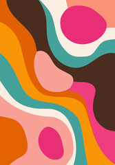 Dynamic colorful waves in pink orange teal and brown overlap in a vivid abstract pattern