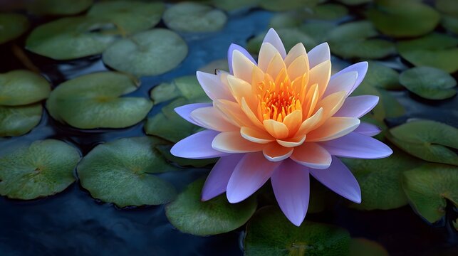 A vibrant multi colored lotus flower blooms gracefully on dark water surrounded by lush lily pads