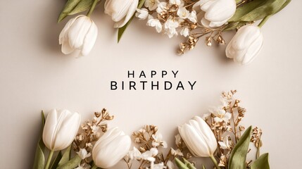 Happy Birthday artwork framed by pastel tulips jasmine blossoms and metallic sprigs forming graceful border. Text elegantly centered.