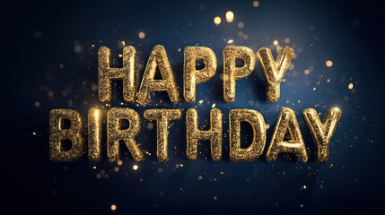 "Happy Birthday" golden foil letters floating against deep midnight backdrop subtle haze creating atmospheric glow. Faint sparkling particles