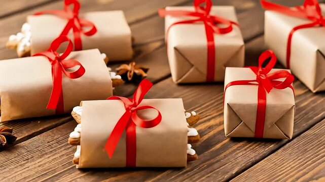 Delightful homemade gingerbread cookies beautifully wrapped with red ribbons, perfect for festive holiday gifting and seasonal celebrations