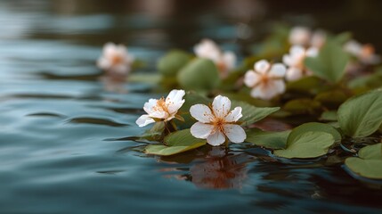Delicate white blossoms with orange centers float on serene rippling water with lush green leaves