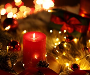 Burning candle, fir tree branches, cones, baubles and festive lights on faux fur, closeup. Bokeh effect