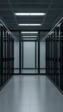 Vertical video: Camera starting showing empty DC corridor with server racks, LED panels, glass door