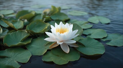 A pristine white water lily blossoms gracefully amidst lush green lily pads on a calm dark water surface