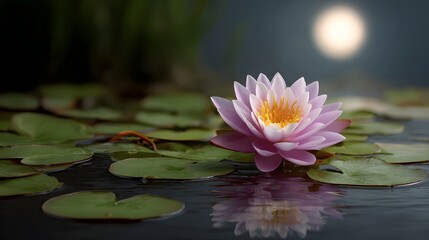 A delicate pink water lily blooms on a calm pond under the soft glow of moonlight surrounded by lily pads and reflected in the dark water