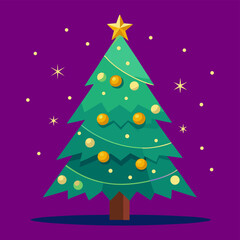 Whimsical Evergreen with Star Ornaments Twinkling Lights Purple Backdrop Artistic Illustration Festive Holiday Celebration Graphic. 