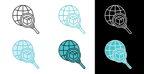 Globe with magnifying glass and package icon for global shipping tracking in line and fill style