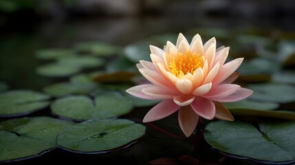 A delicate peach and pink water lily blooms serenely on a tranquil pond surrounded by green lily pads