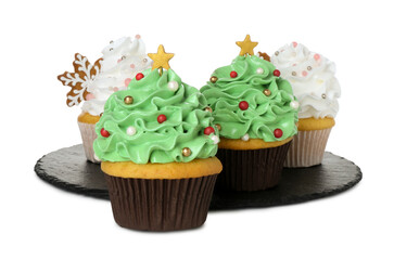 Festively decorated Christmas cupcakes isolated on white