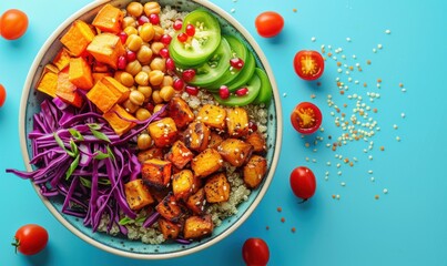 Vibrant vegan bowl with assorted vegetables on light blue background