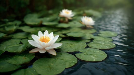 White water lilies and green lily pads float peacefully on the tranquil surface of a dark pond