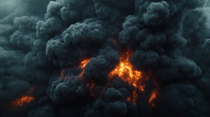 A dramatic and intense view of a large, billowing cloud of dark smoke with fiery orange flames visible