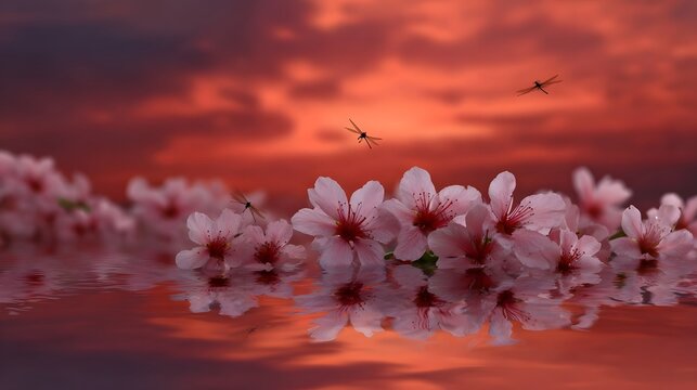 Pink cherry blossoms float on calm water with dragonflies against a dramatic crimson sunset sky