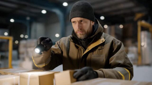 In a snowy warehouse, a lone worker is inspecting packages, their cardboard flaps taped shut, on a metal table, its surface scratched. A plastic flashlight, its lens scuffed, illuminates labels,