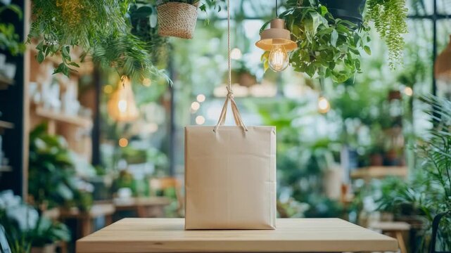 Simple kraft paper shopping bag sits on warm wooden table amidst lush green indoor plants and soft ambient lighting