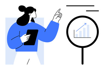 Fototapeta na wymiar Female character holding tablet and pointing at insights with magnifying glass focusing on growth chart. Ideal for business strategy, analysis, leadership, planning, innovation, education, simple