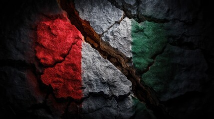 Italy flag painted across cracked volcanic rock, textures revealed dramatic side lighting. Vivid tricolor stands out against dark