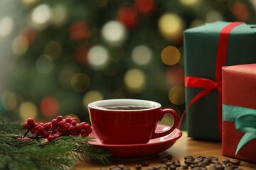 Aromatic coffee in cup, beans, fir tree branches and gift boxes on wooden table against blurred lights, closeup. Christmas greeting card
