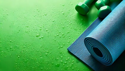 Exercise equipment, a green background, a wet yoga mat, water droplets, and weightlifting