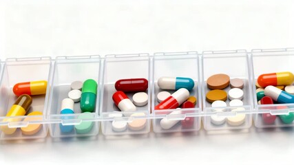 Assorted medication pills organized in transparent weekly pill boxes   - Powered by Adobe