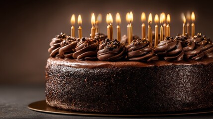 Luxurious dark frosted cake adorned with metallic candles glowing warmly background gradient fading softly to neutral. Shadows add