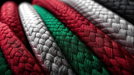 Mexico flag created from overlapping colored ribbons, carefully arranged in symmetrical folds. Lighting controlled, shadows enhance depth naturally.