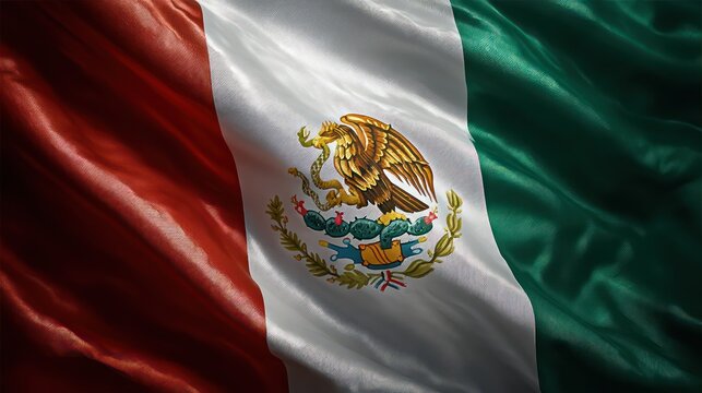 Mexico flag illustrated with glossy enamel paint across smooth surface. Subtle reflections texture, soft shadows define edges. Background