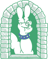 Cartoon Bunny Hand Showing Peace Sign in Stone Window Frame – Retro Vector Illustration