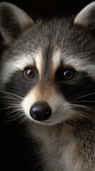 Obraz premium Curious raccoon gazes directly at the observer in a dimly lit environment, showcasing its distinctive facial markings and bright eyes