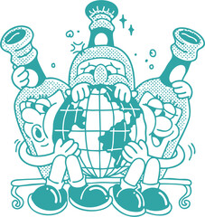 Funny Cartoon Bottle Characters Holding the Earth Globe – Retro Pop Art Vector Illustration