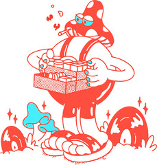 Psychedelic Mushroom Character Carrying Snack Box – Retro Trippy Cartoon Vector Illustration